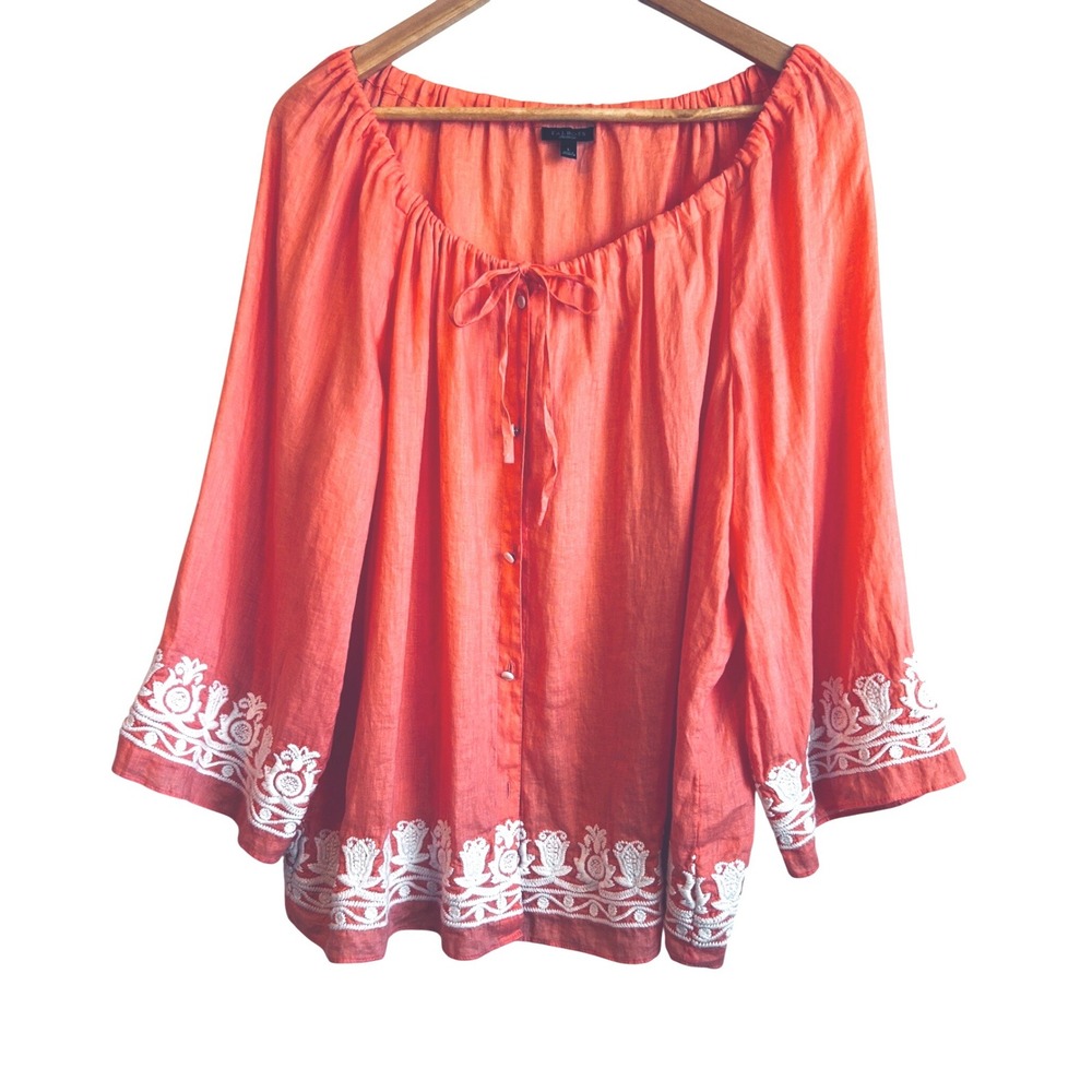 Talbots‎ Womens Coral Orange Linen Embroidered Peasant Blouse Top Size L